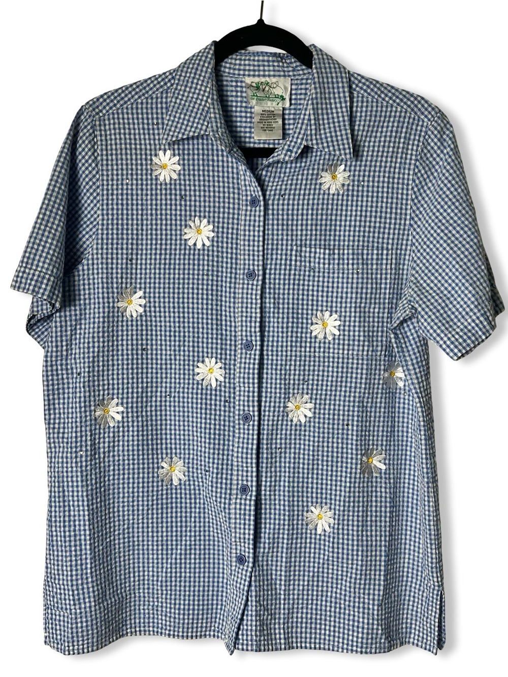 Quacker Factory VTG Women Blue Gingham Seersucker Daisy Rhinestone Button Up Top